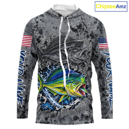 Mahi Mahi Hooded Fishing Shirt Shirt For Men Custom Grey Splash US Flag Outdoor Sports Apparel NHT1793