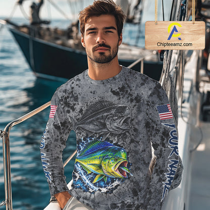 Mahi Mahi Fishing Shirt For Men Custom Grey Splash US Flag Outdoor Sports Apparel NHT1793
