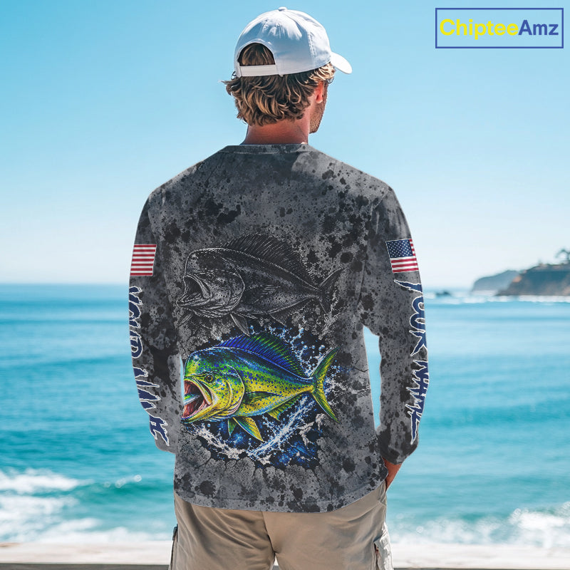 Mahi Mahi Fishing Shirt For Men Custom Grey Splash US Flag Outdoor Sports Apparel NHT1793