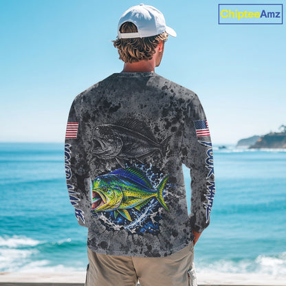 Mahi Mahi Fishing Shirt For Men Custom Grey Splash US Flag Outdoor Sports Apparel NHT1793