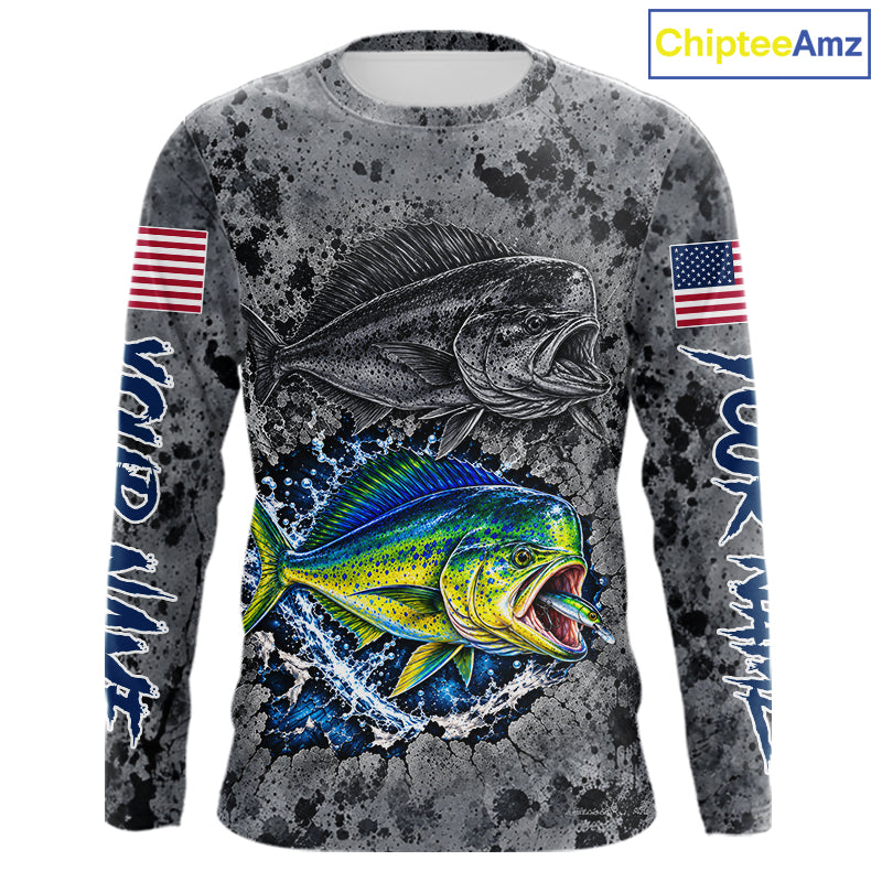 Mahi Mahi Fishing Shirt For Men Custom Grey Splash US Flag Outdoor Sports Apparel NHT1793
