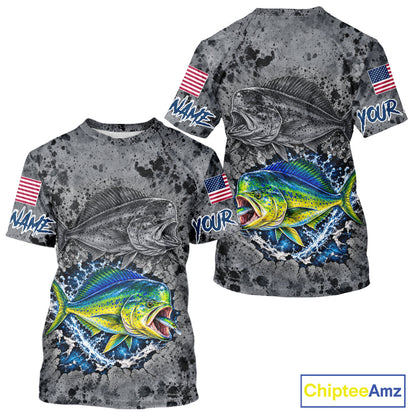 Mahi Mahi Short Sleeve Fishing Shirt Shirt For Men Custom Grey Splash US Flag Outdoor Sports Apparel NHT1793