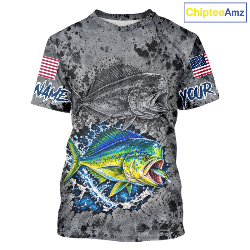 Mahi Mahi Short Sleeve Fishing Shirt Shirt For Men Custom Grey Splash US Flag Outdoor Sports Apparel NHT1793