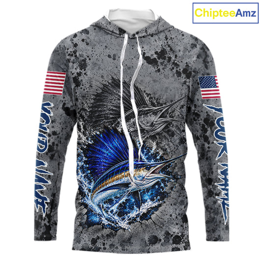 Sailfish Hooded Fishing Shirt Shirt For Men Custom Grey Splash US Flag Outdoor Sports Apparel NHT1794