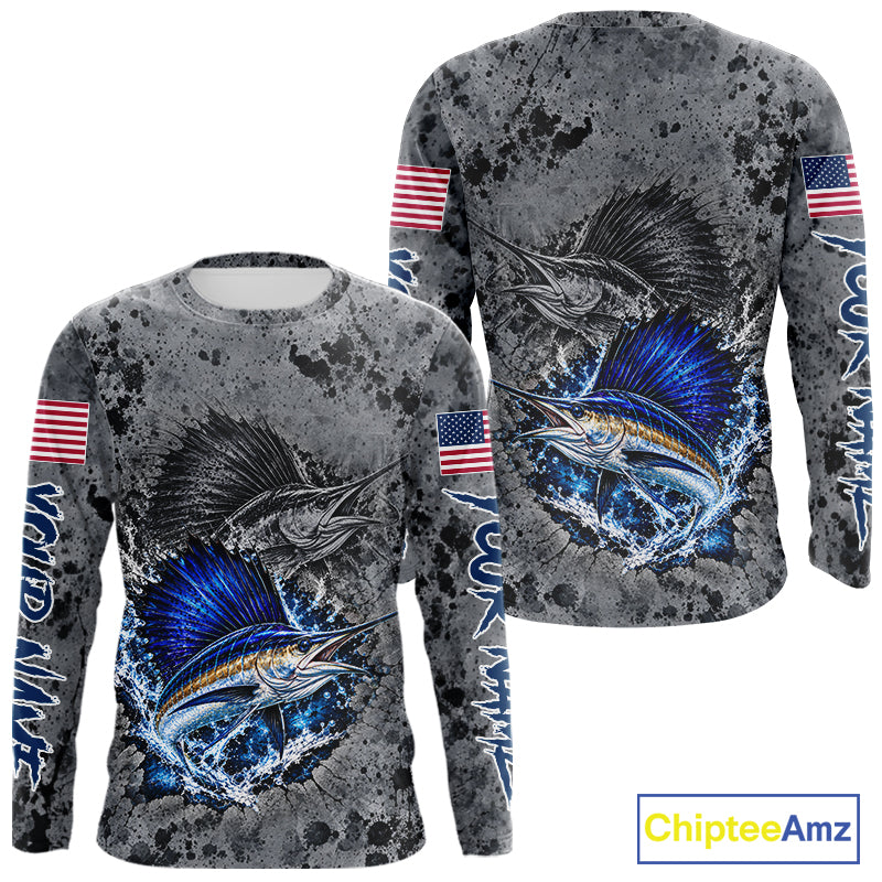 Sailfish Fishing Shirt For Men Custom Grey Splash US Flag Outdoor Sports Apparel NHT1794