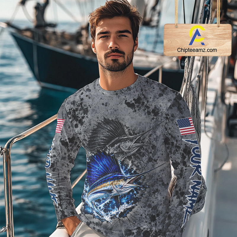 Sailfish Fishing Shirt For Men Custom Grey Splash US Flag Outdoor Sports Apparel NHT1794