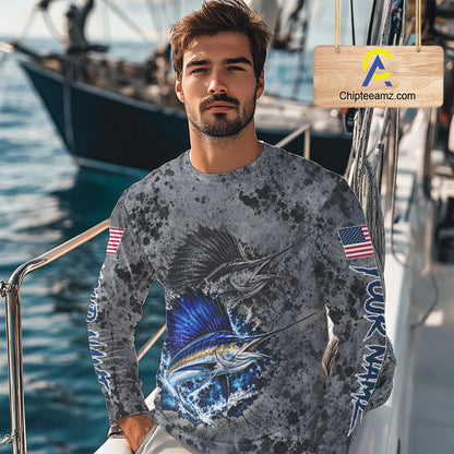 Sailfish Fishing Shirt For Men Custom Grey Splash US Flag Outdoor Sports Apparel NHT1794