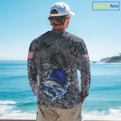 Sailfish Fishing Shirt For Men Custom Grey Splash US Flag Outdoor Sports Apparel NHT1794