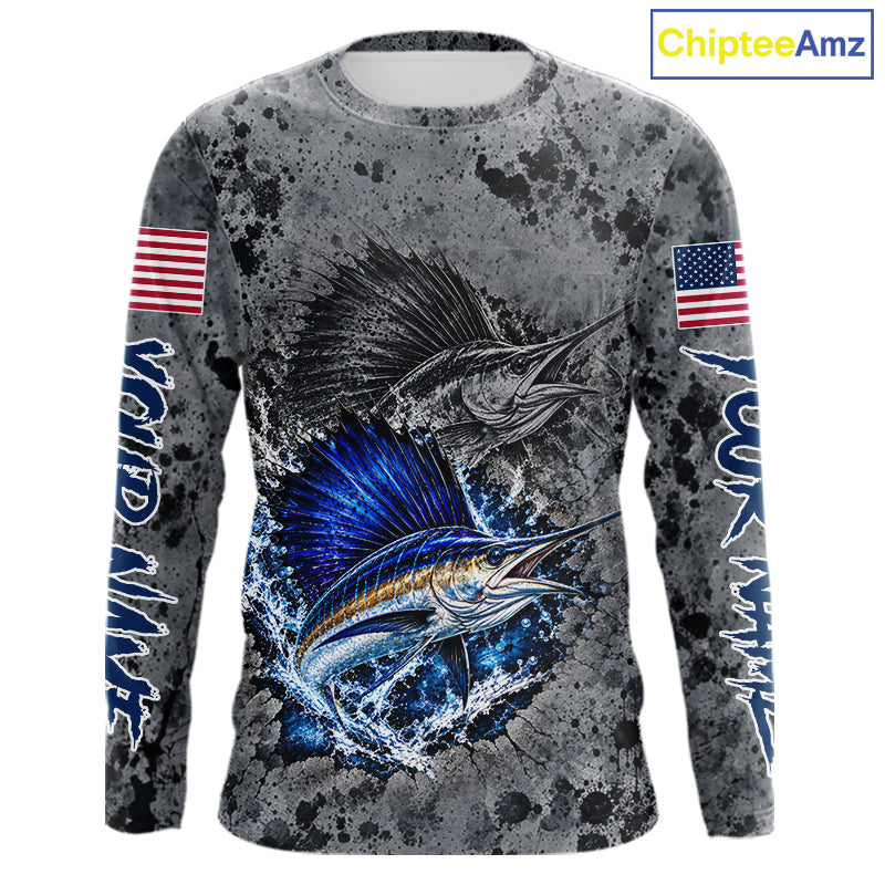 Sailfish Fishing Shirt For Men Custom Grey Splash US Flag Outdoor Sports Apparel NHT1794