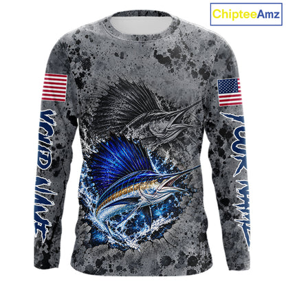 Sailfish Fishing Shirt For Men Custom Grey Splash US Flag Outdoor Sports Apparel NHT1794