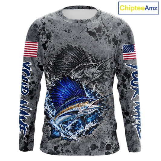 Sailfish Fishing Shirt For Men Custom Grey Splash US Flag Outdoor Sports Apparel NHT1794