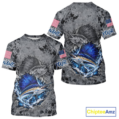 Sailfish Short Sleeve Fishing Shirt Shirt For Men Custom Grey Splash US Flag Outdoor Sports Apparel NHT1794