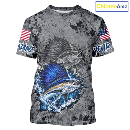 Sailfish Short Sleeve Fishing Shirt Shirt For Men Custom Grey Splash US Flag Outdoor Sports Apparel NHT1794