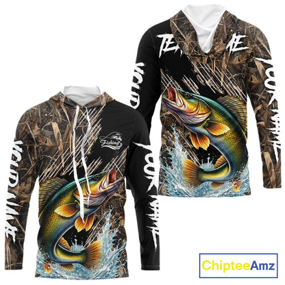 Walleye Fishing Shirts Long Sleeve Hooded Camouflage For Men, Walleye Fishing Apparel NHT434