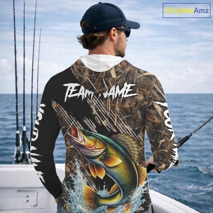 Walleye Fishing Shirts Long Sleeve Hooded Camouflage For Men, Walleye Fishing Apparel NHT434