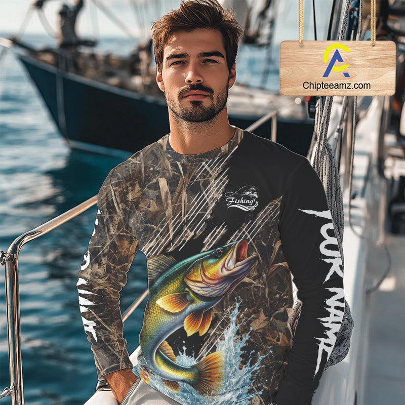 Walleye Fishing Shirts Long Sleeve Camouflage For Men, Walleye Fishing Apparel NHT434