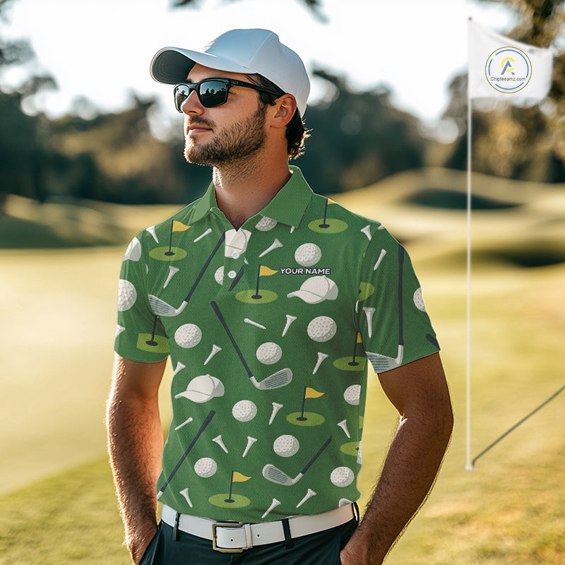 Green Golf Pattern Polo Golf Shirt For Mens Custom Golf Clothes, Best Golf Gifts NHT621
