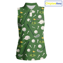 Load image into Gallery viewer, Green Golf Pattern Sleeveless Polo Golf Shirt For Womens Custom Golf Clothes, Best Golf Gifts NHT621