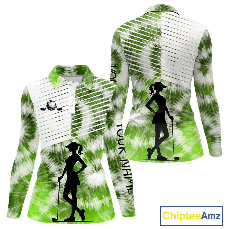 White And Green Womens Tie Dye Golf Polo Shirts Custom Golf Human Golf Team Polo Shirts NHT622