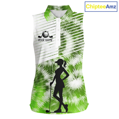 White And Green Womens Tie Dye Sleeveless Golf Polo Shirts Custom Golf Human Golf Team Polo Shirts NHT622