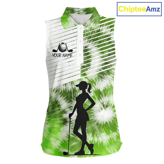 White And Green Womens Tie Dye Sleeveless Golf Polo Shirts Custom Golf Human Golf Team Polo Shirts NHT622