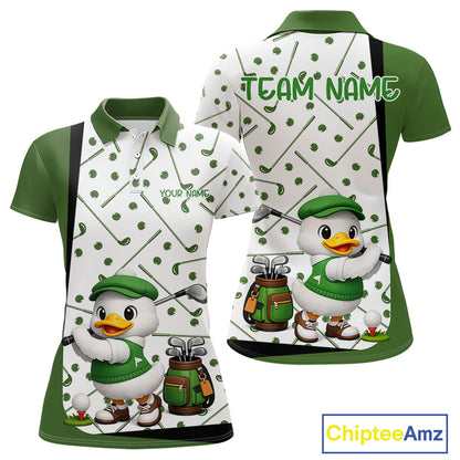 Custom Green & White Funny Duck Golf Shirt For Womens, Golf Jersey Pattern For Womens NHT625