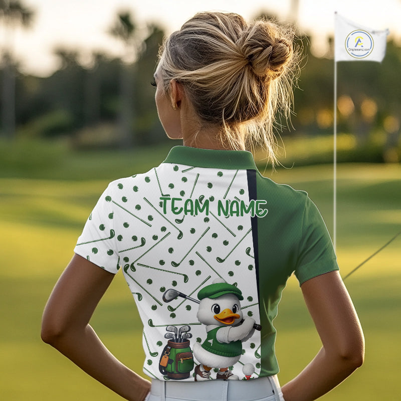 Custom Green & White Funny Duck Golf Shirt For Womens, Golf Jersey Pattern For Womens NHT625