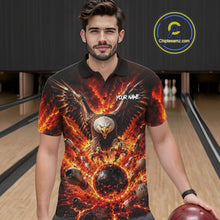 Load image into Gallery viewer, Man wearing a fiery eagle design polo shirt in a bowling alley.