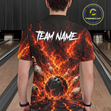 Load image into Gallery viewer, Person wearing a fiery bowling shirt with 'TEAM NAME' on a bowling alley background