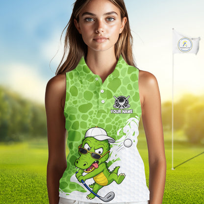 Personalized Funny Alligator Women Sleeveless Golf Polo Shirt, Custom Name & Team All Over Print Golf Shirt NHT1614