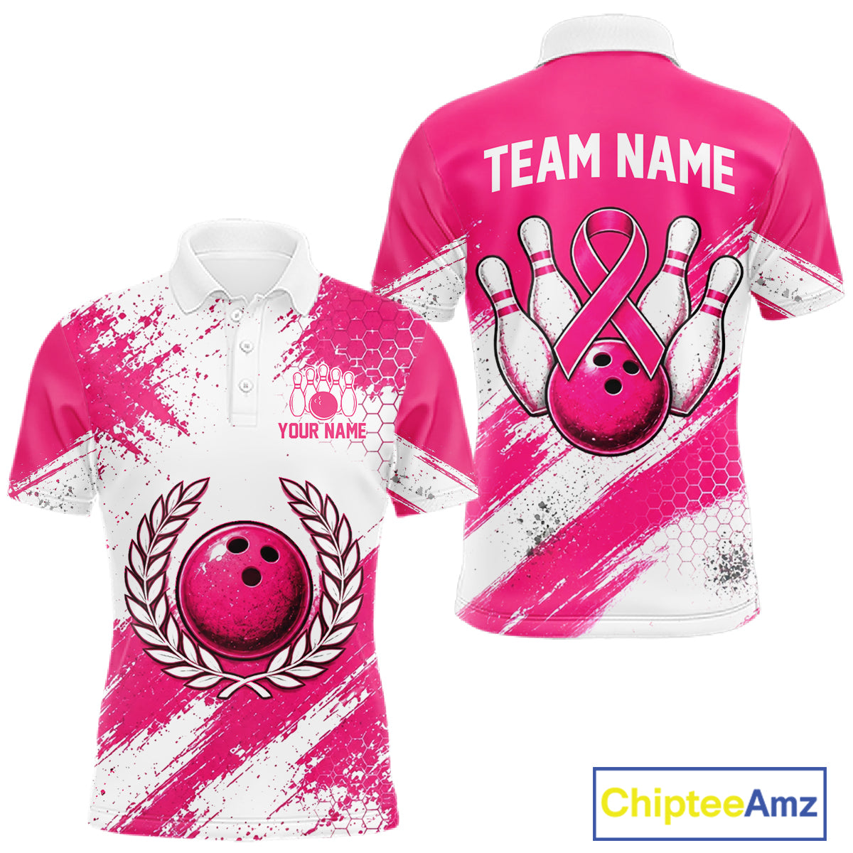 Custom Men Bowling Polo Shirt, Pink Breast Cancer Awareness Bowling Shirt, Personalized Team Jersey NHT1622