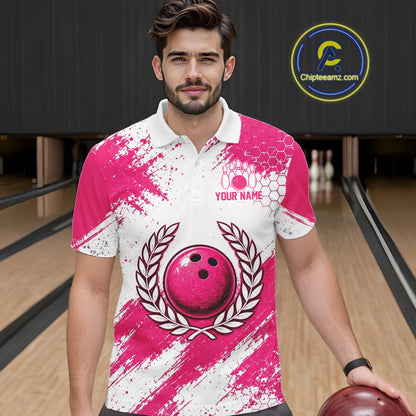 Custom Men Bowling Polo Shirt, Pink Breast Cancer Awareness Bowling Shirt, Personalized Team Jersey NHT1622