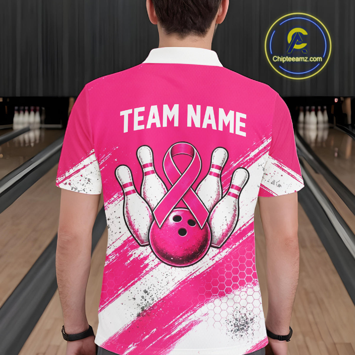Custom Men Bowling Polo Shirt, Pink Breast Cancer Awareness Bowling Shirt, Personalized Team Jersey NHT1622