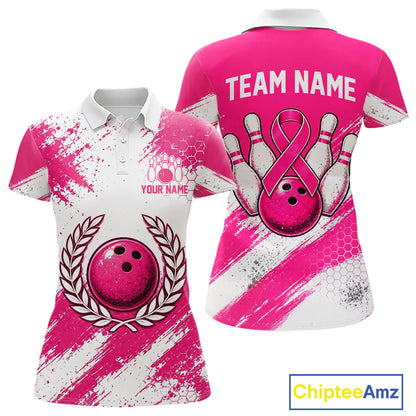 Custom Women Bowling Polo Shirt, Pink Breast Cancer Awareness Bowling Shirt, Personalized Team Jersey NHT1622