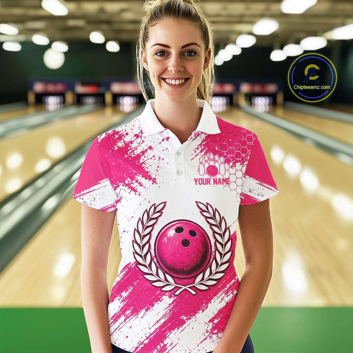 Custom Women Bowling Polo Shirt, Pink Breast Cancer Awareness Bowling Shirt, Personalized Team Jersey NHT1622