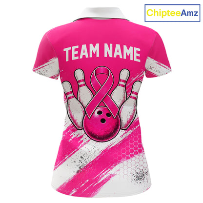 Custom Women Bowling Polo Shirt, Pink Breast Cancer Awareness Bowling Shirt, Personalized Team Jersey NHT1622