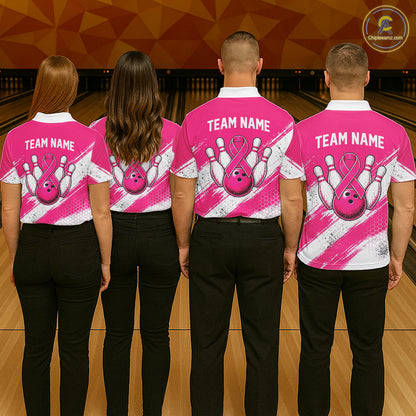 Custom Men Bowling Polo Shirt, Pink Breast Cancer Awareness Bowling Shirt, Personalized Team Jersey NHT1622