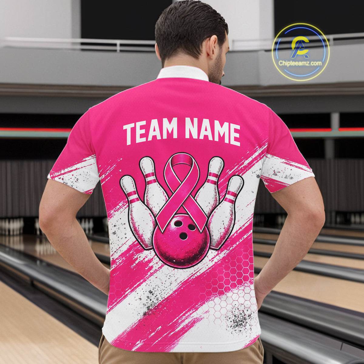 Custom Men Bowling Polo Shirt, Pink Breast Cancer Awareness Bowling Shirt, Personalized Team Jersey NHT1622