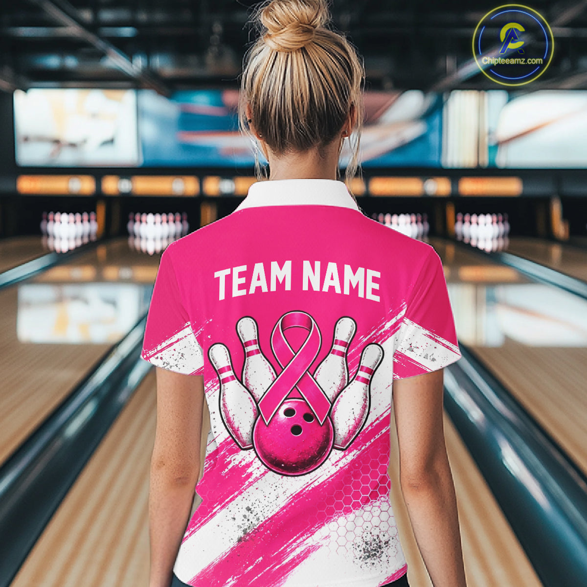 Custom Women Bowling Polo Shirt, Pink Breast Cancer Awareness Bowling Shirt, Personalized Team Jersey NHT1622