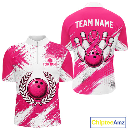 Custom Men Bowling Polo Shirt, Pink Breast Cancer Awareness Bowling Shirt, Personalized Team Jersey NHT1622