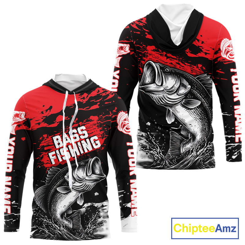 Custom Bass Fishing Jersey, Black And Red Bass Long Sleeve With Hood Tournament Fishing Shirts NHT492
