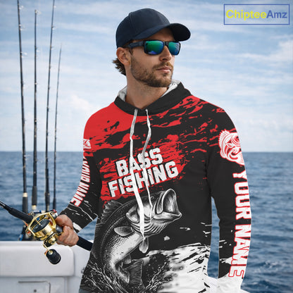 Custom Bass Fishing Jersey, Black And Red Bass Long Sleeve With Hood Tournament Fishing Shirts NHT492