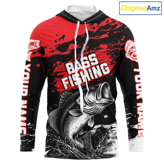 Custom Bass Fishing Jersey, Black And Red Bass Long Sleeve With Hood Tournament Fishing Shirts NHT492