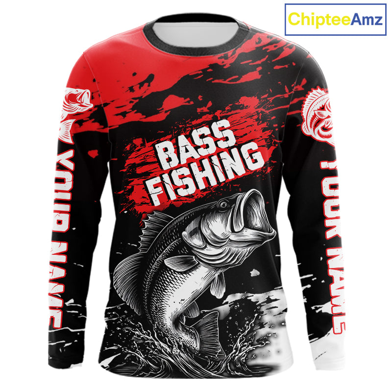 Custom Bass Fishing Jersey, Black And Red Bass Long Sleeve Tournament Fishing Shirts NHT492