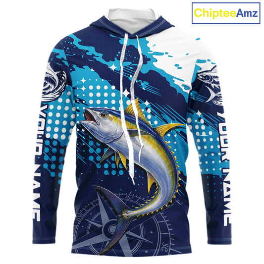 Custom Yellowfin Tuna Hooded Long Sleeve Fishing Shirts For Men, Design Tuna Fishing Jerseys NHT634