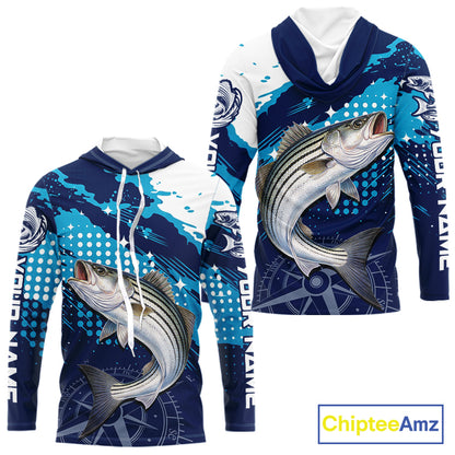 Custom Striped Bass Long Sleeve Hooded Fishing Shirts For Men, Design Striped Bass Fishing Jerseys NHT635