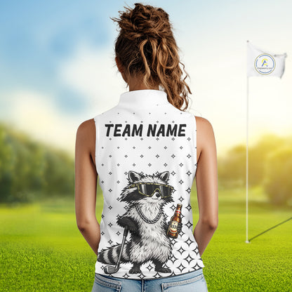 Person wearing a sleeveless shirt with a raccoon graphic and 'Team Name' text on a golf course.