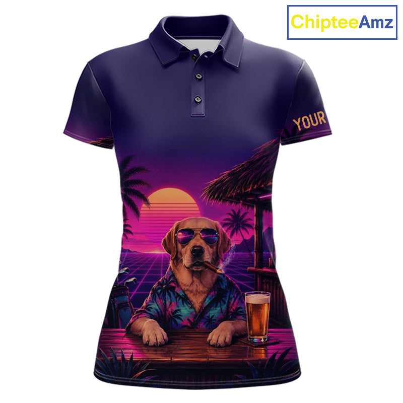 Retro Dog Womens Golf Polo Shirt Personalized Name Summer Beach Beer Golf Shirt Gift For Dog Lover