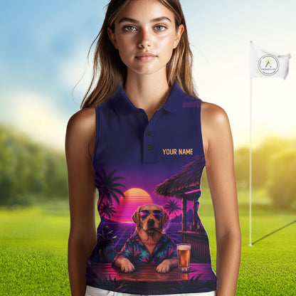 Retro Dog Womens Sleeveless Golf Polo Shirt Personalized Name Summer Beach Beer Golf Shirt Gift For Dog Lover
