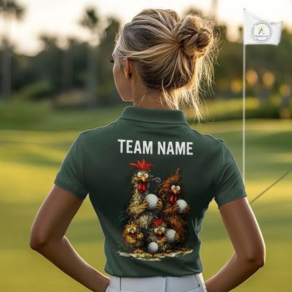 Green polo shirt with embroidered design and text on a blurred indoor background